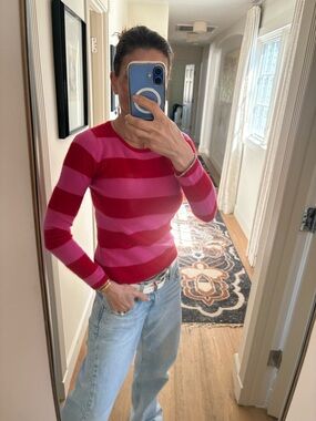 Madeleine Thompson 100% Cashmere Striped Sweater Red Pink Small